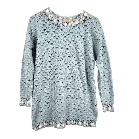 Vintage Hand Knit Embellished Open Knit Sweater Small Pearls Rosettes Coquette - Picture 1 of 11